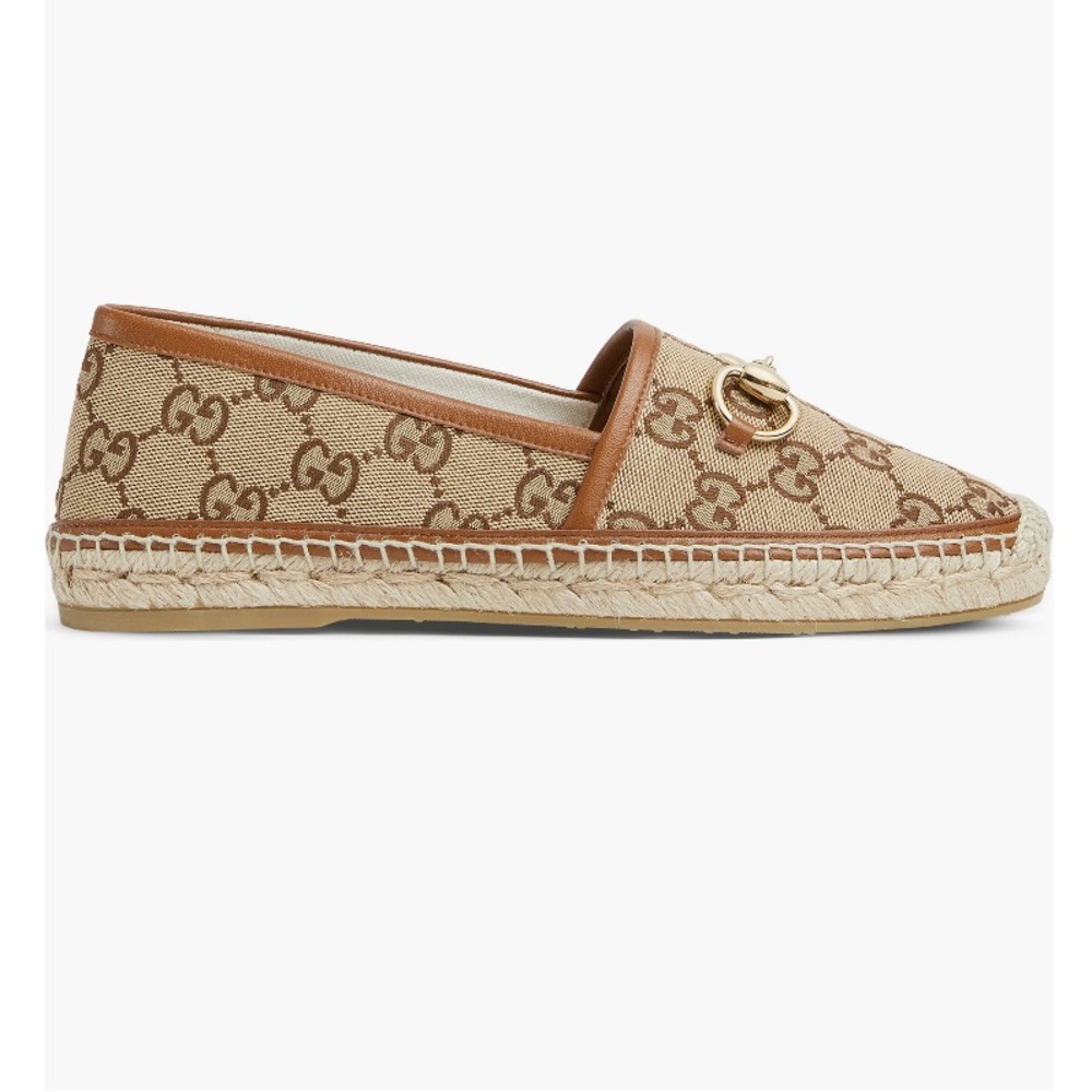 Gucci Pilar Horsebit GG Logo Print Espadrilles Flats Camel Ebony EU39.5 US 9.5 - Picture 12 of 13